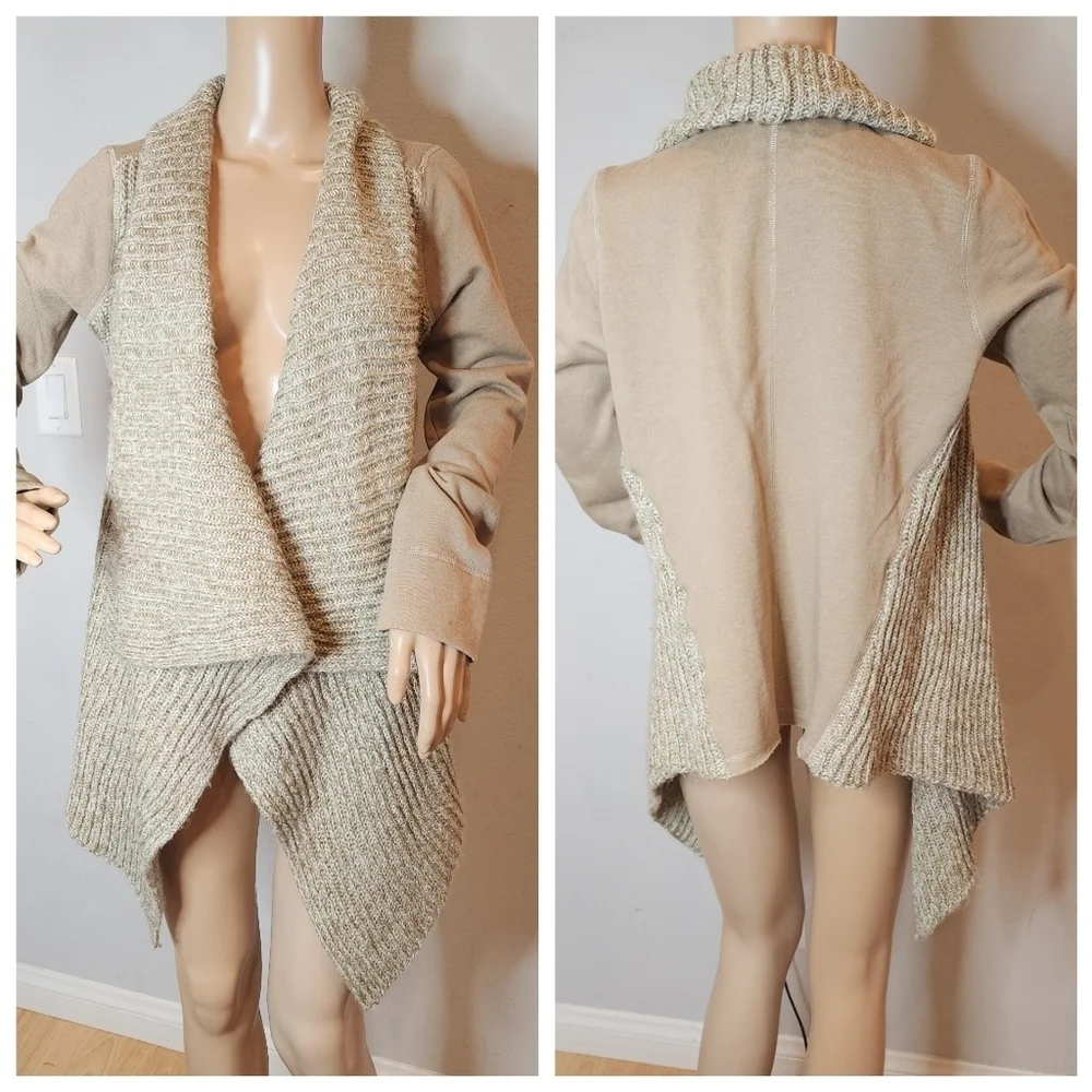 Prana wool-blend tan‎ demure drape cardigan.  Women's size medium